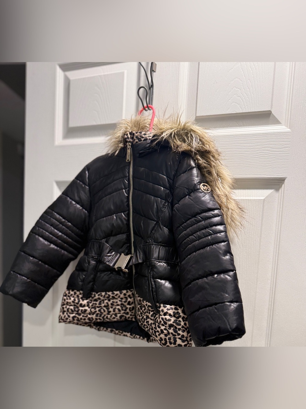 Michael Kors Girls 3T Puffer Coat Faux Fur Hood Black Leopard Print Jacket - Picture 3 of 14